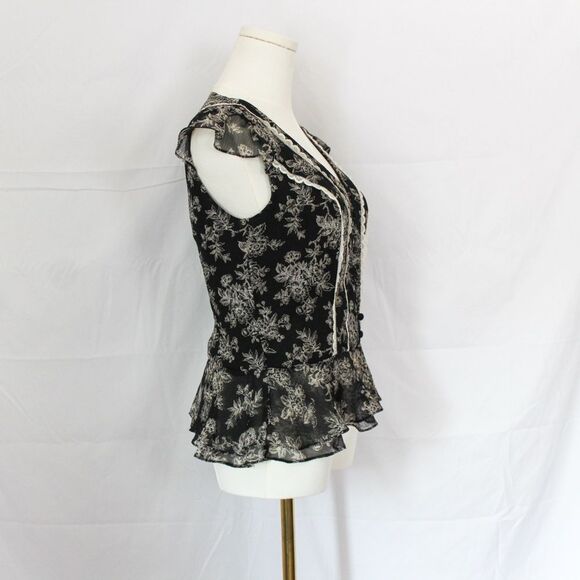 90s Ann Talyor Loft Floral V-Neck Short Sleeve Blouse - 0, black & white - Picture 3 of 7